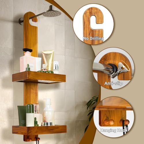 Utoplike Teak Hanging Shower Caddy with Hooks, Shower Organizer Over Head - Image 5