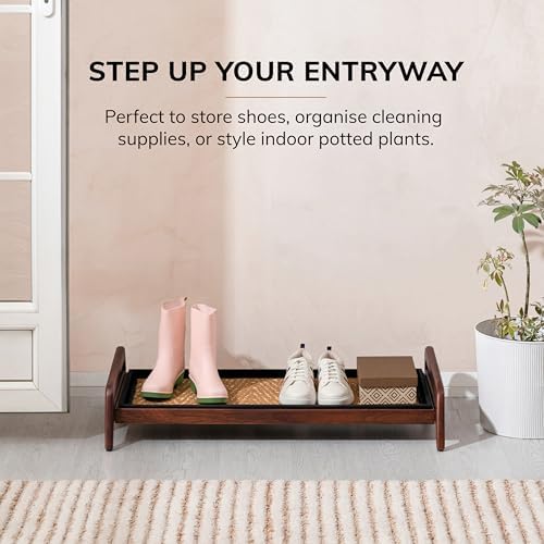 Anji Mountain Heavy Duty Waterproof Wooden Shoe Storage Mat Organizer/Boot Storage Tray Multi Use for Entryway with Coir, Tan and Khaki Insert, 1 Tier, Fits 3 Pair (36.5" Wide) - Image 2