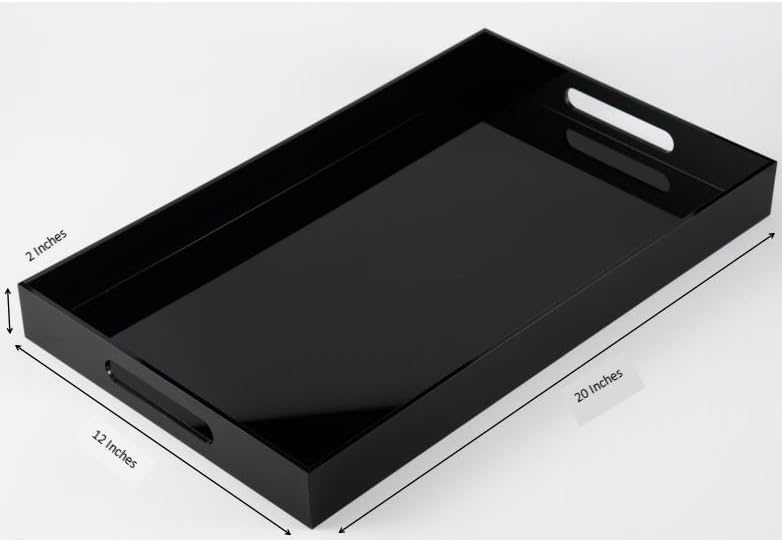 Glossy Black Sturdy Acrylic Serving Tray with Handles-12x20Inch-Serving Coffee,Appetizer,Breakfast,Butler-Kitchen Countertop Makeup Drawer Organizer-Vanity Table Ottoman Decorative Tray - Image 2