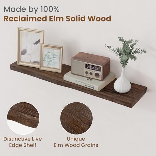 Floating Shelves for Wall Decor, Rustic Solid Elm Wood Live Edge Floating Shelves Wall Mounted, Wall Shelves with Invisible Bracket for Living Room Bathroom Bedroom Kitchen, 32 Inch Set of 2, Walnut - Image 3