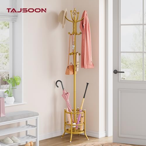 Tajsoon Coat Rack with Umbrella Holder, Coat Tree With 16 Hooks, Gold - Image 3