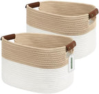 ECDYQXVU 15x10x9 Woven Cotton Rope Storage Basket, Leather Handles 2 Pack by ECDYQXVU