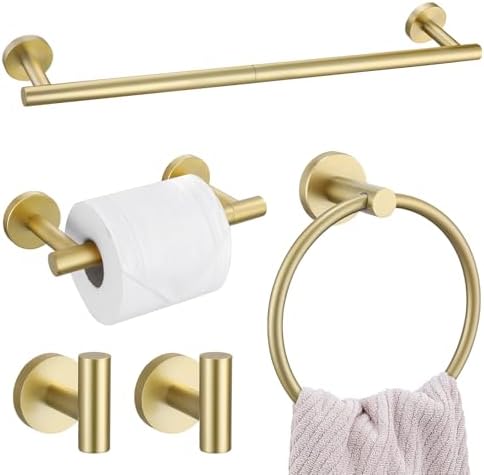 5 Pieces Brushed Gold Towel Bar Set, Upgraded Round Bathroom Hardware Accessories Set, Toilet Paper Holder Towel Holder Set for Bathroom Stainless Steel Wall Mounted 23.6Inch by SOAEZ