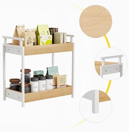 KLM Countertop Coffee Station Organizer, 2 Tier Wooden Shelf for Coffee Bar Accessories, Condiment Storage Caddy for Kitchen, Bathroom Counter Organizer, Home, Office - Natural - Image 6