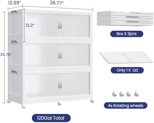 360QT Extra Large Stackable Storage Bins with Lid, 90Gal Plastic Closet Organizers and Storage Drawer, Collapsible Cabinet Box with Wheels Clear Doors for Home Kitchen Office, 3Pack White - Image 2