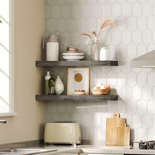 HOOBRO Floating Shelves for Wall, Wall Mounted Shelf Set of 2, 23.6" Hanging Shelf with Invisible Brackets, for Wall Decor Storage in Bathroom Bedroom Kitchen Livingroom Office, Charcoal Gray BC60BJ01 - Image 4