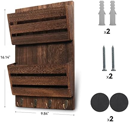Mail Organizer Wall Mount with 4 Key Hooks, Rustic Wooden Hanging Mail Sorter Farmhouse Key Holder for Wall Decoration, 2-Slot Wall File and Magazines Bill Letter Holder (Brown) - Image 4