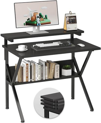 COTUBLR Small Desk, 27.5 Inch Small Computer Desk for Small Spaces, Computer Desk with Adjustable Monitor Stand, Compact Desk with Storage, Tiny Desk Study Desk for Bedroom Home Office, Black by COTUBLR