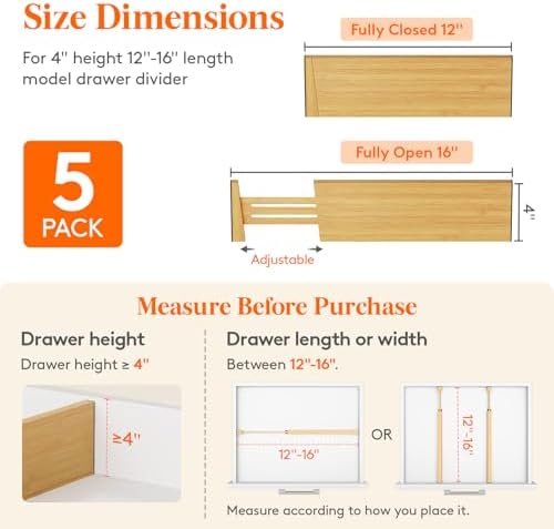 Lifewit 4" High Dresser Drawer Dividers, Adjustable Bamboo Drawer Organizer - Image 2