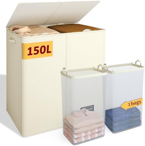 150L Laundry Hamper 2 Section, Large Laundry Hamper with Lid, Dirty Clothes Hamper with 2 Removable Inner Bags, Collapsible Laundry Basket Organizer for for Clothes Toys Towels, Hamper 2 Compartment by Vincona