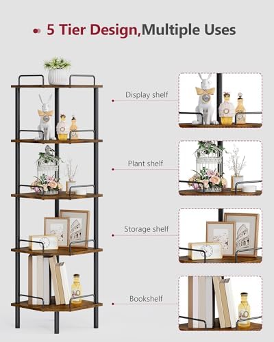 Tajsoon 5 Tier Corner Shelf Stand, Small Corner Table, Rustic Brown - Image 5