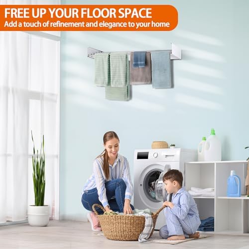 FOCHIER F Laundry Drying Rack Wall Mounted Clothes Drying Rack Collapsible with 5 Aluminum Rods and Drilling Template Long Screwdriver Bit 60 lbs Capacity (White, 31.5") - Image 2