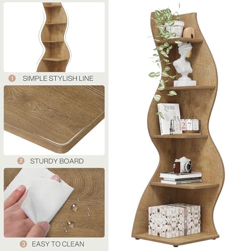 Tribesigns Corner Shelf, Modern 5-Tier Wall Corner Bookshelf, Stylish Corner Small Bookcase Storage Rack Plant Stand with Unique Shape for Living Room, Home Office (Light Brown, 2PCS) - Image 6