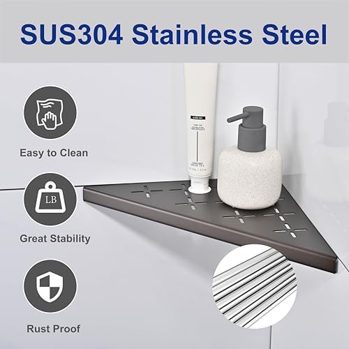 Corner Shower Shelf, 2-Pack Shower Shelves SUS304 Stainless Steel Bathroom Shelves for Tile Walls, Recessed Corner Shelf Organizer Rack, No Drilling (Bronze, 10"-2 Pack) - Image 3
