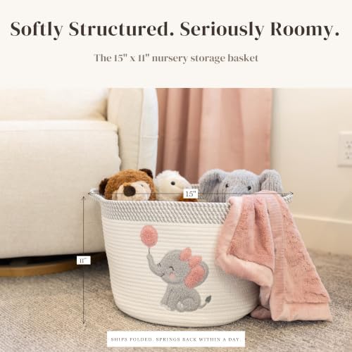 Elephant Baby Storage Basket for Girls, Cotton Rope Nursery Bin, 15x11 in - Image 2