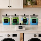 5 Pack Laundry Pods Container, Clear Laundry Room Organization Containers,Large Detergent Powder Storage, Black Wooden Lids & Labels and Scoops for Scent Booster, Powder, Pods - Image 4