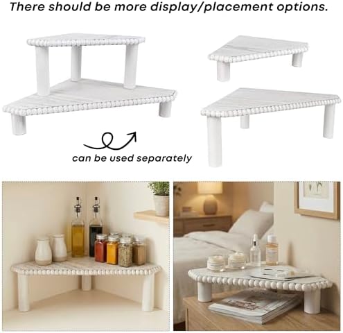 2-Tier Rustic Corner Shelf for Kitchen Counter,Wood Beaded Farmhouse Countertop Organizer with Removable Feet, Stackable Bathroom Vanity & Coffee Bar Decorative Riser Stand(Rustic White) - Image 6