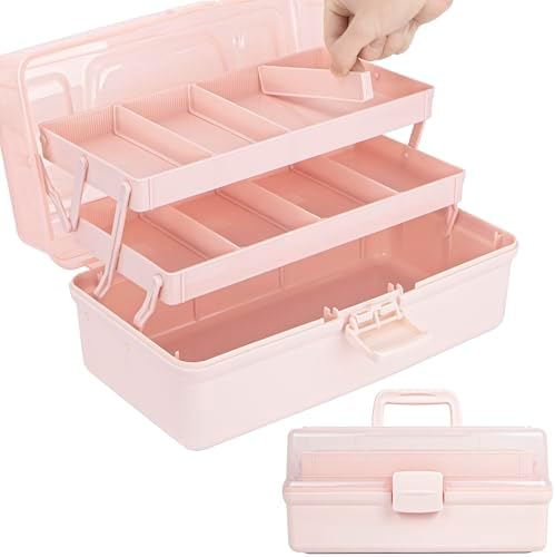 TERGOO 14in 3-Layer Multipurpose Craft Organizers and Storage with Adjustable Dividers, Portable Tackle Box, Folding Art & Craft Case for Medicine, Tool, Sewing Organizer (Pink, X-Large) by Focusonefficientstorage