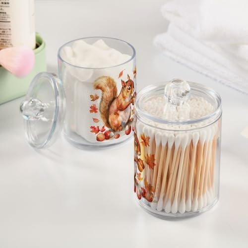 Fustylead 4 Pack Watercolor Autumn Squirrel and Acorns Plastic Apothecary Jar Set for Cotton Swab, Ball, Pad, Floss, Qtip Holder Dispensers for Bathroom Storage Organizer - Image 4