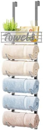 HapiRm Towel Racks for Bathroom Storage - 6 Tier Over The Door & Wall Mount Rolled Towel Storage Organizer Holder with Metal Shelf Basket for Small Bathroom, Camper, Rv - Sliver, Patented by HapiRm