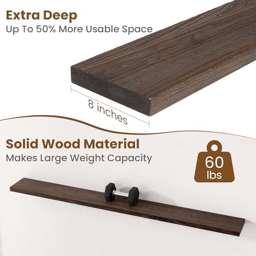 Floating Shelves for Wall Decor, 8 Inch Deep Rustic Solid Elm Wood Floating Shelves Wall Mounted, Wall Shelves with Invisible Bracket for Living Room Bathroom Bedroom Kitchen, 72 Inch Set of 1, Walnut - Image 5