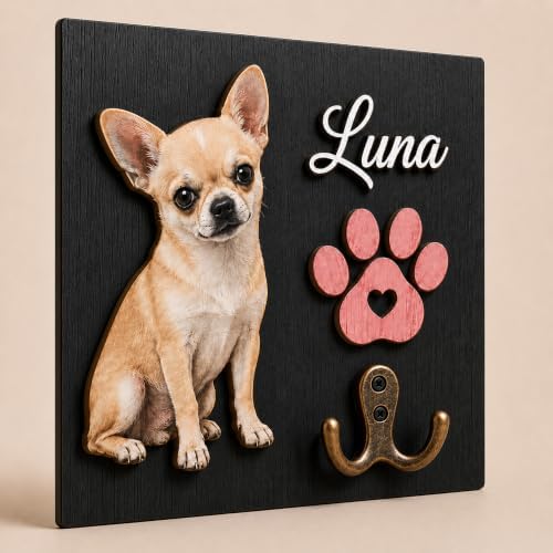 Personalized Dog Key Hook for Wall Mount with Custom Portrait & Name, Paw Print Wooden Wall Organizer, Pet Collar and Harness Holder, Key and Leash Rack for Entryway, Home Decor for Pet Lovers by VINARTSVN