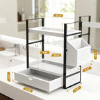 2-Tired Bathroom Counter Organizers and Storage, Bathroom Countertop Organizer with Drawer, Solid Wood Skincare Perfume Organizer for Vanity Kitchen Corner Shelf Office Countertop (White) - Image 3
