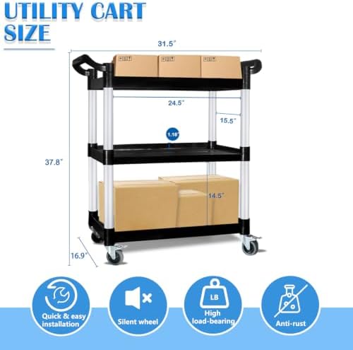 Utility Carts with Wheels, Rolling Kitchen Cart, 3 Tier Cart, Food Service Cart, Restaurant Kitchen Cart, Plastic Heavy Duty Cart for Office Business, 510lbs 16.9" D x 31.5" W x 37.8" H - Image 3