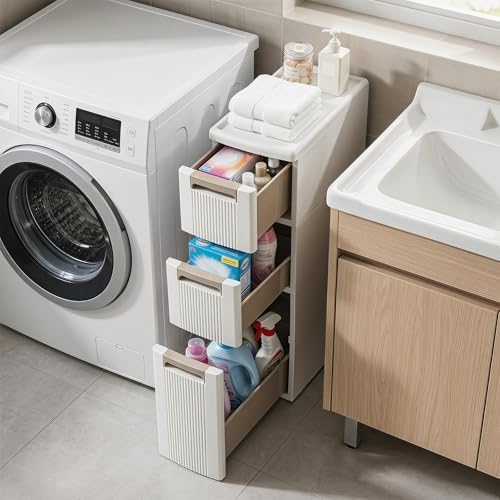 Giantex 3-Tier Narrow Storage Cabinet, Slim Rolling Cart with 3 Drawers & 2 Removable Dividers, Plastic Storage Organizer with Wheels for Small Spaces Bathroom Kitchen - Image 2