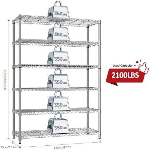 IZEUK 6-Tier Heavy Duty Metal Wire Shelving Unit, Adjustable Storage Rack Organizer for Garage, Kitchen, Office, Pantry, Warehouse (Chrome, 17.7" D x 47.2" W x 82.7" H) - Image 3
