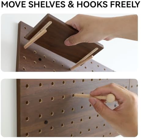 Wooden Pegboard Modular Display Organization Storage Wall Hooks Shelf (Walnut Colored Finish-B-4) - Image 6