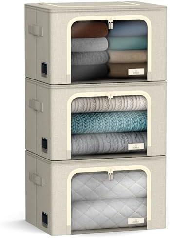 Sorbus Clothes Storage Bins with Metal Frame, Clear Window (3 Pack, Beige) by Sorbus