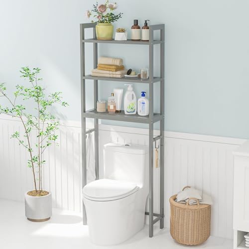 GIANTEX Over The Toilet Storage Shelf, 3-Tier Freestanding Space Saver Above Toilet Shelves with 3 Hooks & Adjustable Bottom Bar, Over Toilet Bathroom Organizer for Restroom, Laundry (Gray) by Giantex