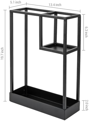 MyGift Modern Black Metal Entryway Umbrella Rack with Geometric Design, 13 x 5-inch Wide Rectangular Freestanding Cane Umbrella Holder with Shelf for Small Umbrellas and Bottom Drip Catch Tray - Image 5