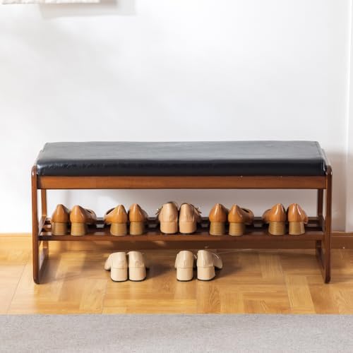 latifolia Solid Wood Bench, Entryway Shoe Bench with Cushion, 2 Tier Shoe Storage Organizer for Hallway, Living Room(Black,39.70''L) - Image 7