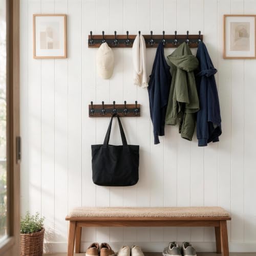 SKOLOO Rustic Wall Mounted Coat Rack - 17" Long Coat Hooks for Wall with 5 Triple Hooks for Hanging Coats, Hats or Tools - Kitchen, Mudroom, Entryway, Bathroom, Wood Brown & Black - Image 3