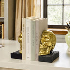 Skull Book Ends, Decorative Bookends for Shelves, Vintage Style Skull Bookend Design Resin Skeleton Human Head Statue Halloween Décor (Gold) - Image 6