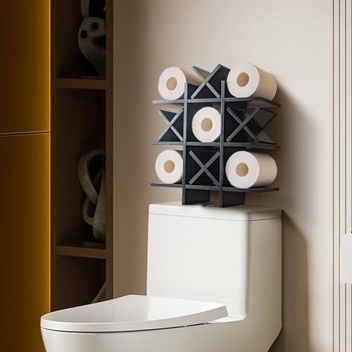 DAOYOUSKY Tic Tac Toe Toilet Paper Holder Stand with 4pcs Wooden X, Farmhouse Rustic Wall Mounted Funny Toilet Papers Storage Organizer with Shelf, Guest Bathroom Decor, Black - Image 3
