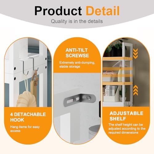 Over the Toilet Storage Cabinet, 3 Tier Over Toilet Bathroom Organizer with Adjustable Shelves and Adjustable Feet, Wood Bathroom Shelf with Anti Tip and Hooks for Space Saver, White - Image 4