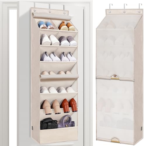 STORAGE MANIAC Over the Door Shoe Organizer with Curtain Dustproof Heavy-Duty Large Deep Pocket Hanging Shoe Organizer for Closet Dorm & Narrow Door Storage Shoe Holder Shoe Rack, 7-Shelf Beige 1 Pack by STORAGEMANIAC
