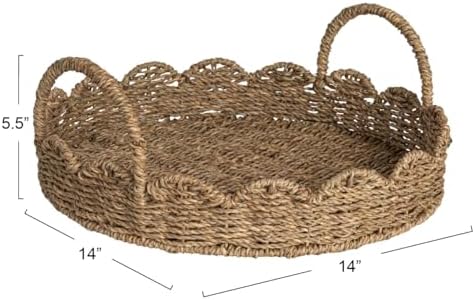 Household Essentials Round Handwoven Seagrass Tray with Scalloped Edge and Handles, Natural - Image 2