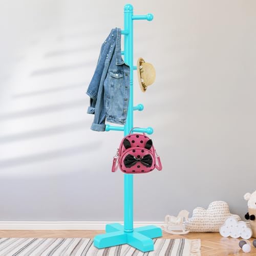 8-Hook Freestanding Wooden Coat Rack 2 Adjustable Heights Blue - Image 2