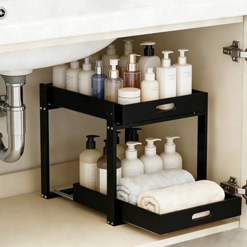 Bamboo Undersink Organizer Storage - 2-Tier Pull Out Kitchen Cabinet Shelf with Adjustable Levels, Under Sink Storage Slide Out for Cabinet Pantry Bathroom Black by RONGSENDAY