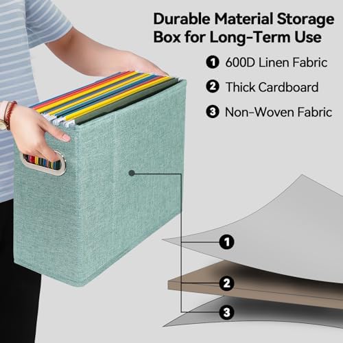 4 Packs Letter Size File Organizer, File Folders Organizer, Fabric Storage Box, Collapsible Paper Organizer with Metal Handle, Smooth PVC Rails, Only Box (Green) - Image 3