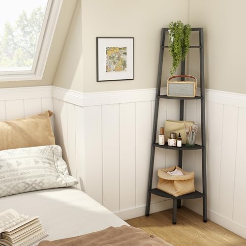 Hoctieon Corner Shelf, 4-Tier Corner Bookshelf, Rustic Ladder Shelf, Industrial Display Stand for Living Room, Kitchen, Home Office, Balcony, Small Space, Metal Frame, Black - Image 6