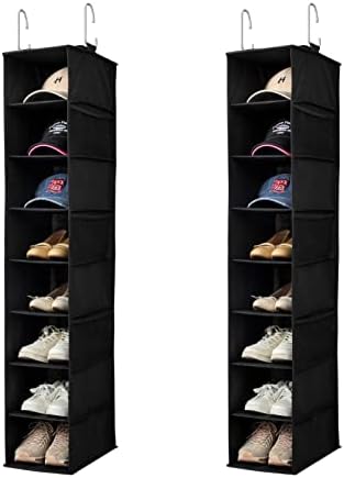 Berdeng Hanging Shoe Organizer for Closet with Side Mesh Pockets，Hat Racks for Baseball Caps，Shoe and Hat Holder & Storage，8-Shelf，Black，2 Pack by Berdeng