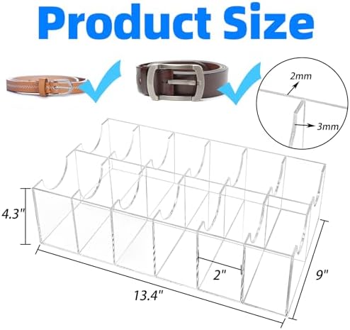 ZENFUN 12 Compartments Belts Storage Box, Acrylic Belt Organizer, Belt Container Storage Holder Clear Belts Display Case for Watch, Hair Accessories, Jewelry, Closet and Drawer - Image 2