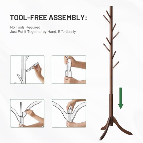 kiplant Bamboo Wood Coat Rack Stand, Freestanding Coat Tree with 8 Hooks, Hallway Entryway Hat Hanger Organizer Standing for Bedroom, Office, Clothes, Jackets, Bags, Umbrallas - Image 6