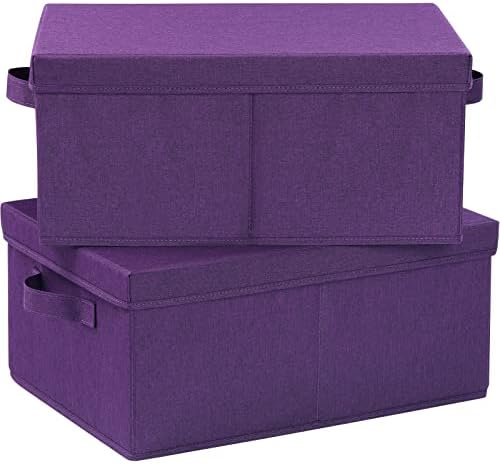 HOONEX Storage Bins with Lids for Organizing, Pack of 2, Storage Boxes with 2 Carry Handles and Sturdy Heavy Cardboard, 16.5" L x 11.8" W x 7.5" H for Shoes, Books, Clothes, Nursery, Dark Purple by HOONEX