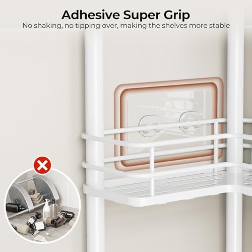 Orimade Rustproof 2 Tier Floor Standing Corner Shower Caddy Organizer with Toothbrush Holder, Large Spacing Floor Shower Shelf Rack Storage Stands with Hooks for Bathroom Kitchen, White - Image 5